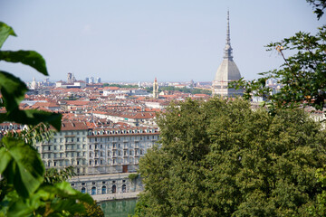 TURIN, ITALY - 15 SEP 2019: Panoramic view of the Turin skyline from the hill, with the Mole Antonelliana and other famous buildings