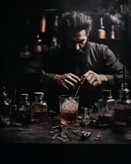 A not-young bartender with a beard in a brown shirt pours the necessary ingredient for a cocktail from a brown alcoholic beverage bottle.