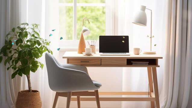 Tech Oasis: A laptop resting on a sleek table in a sunlit modern room, offering a tranquil and productive environment f Seamless looping 4k time-lapse virtual video animation background. Generated AI