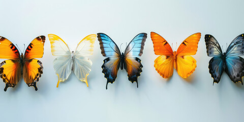 Wall Display of Varied Butterfly Specimens. Colorful butterflies in a curated white wall exhibit, collection of butterflies for interior design.