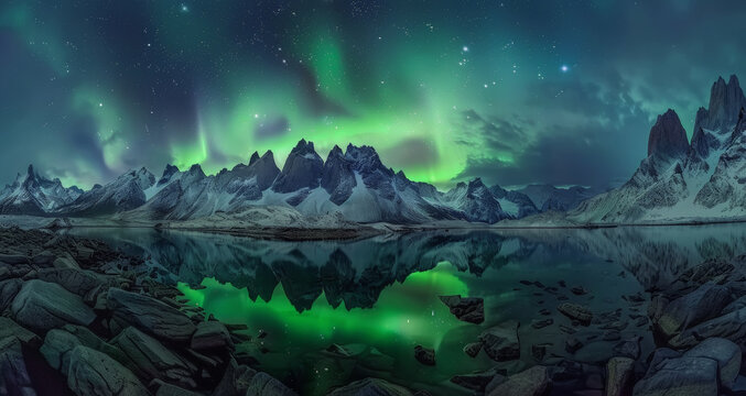 Aurora Boreal en cielo nocturno, sobre paisaje montañoso nevado entre lagos, sobre los que se refleja la aurora boreal,