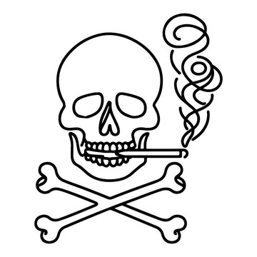 hand draw sketch black line art skull crossbones with cigarette or smoking vector illustration on isolated in white background