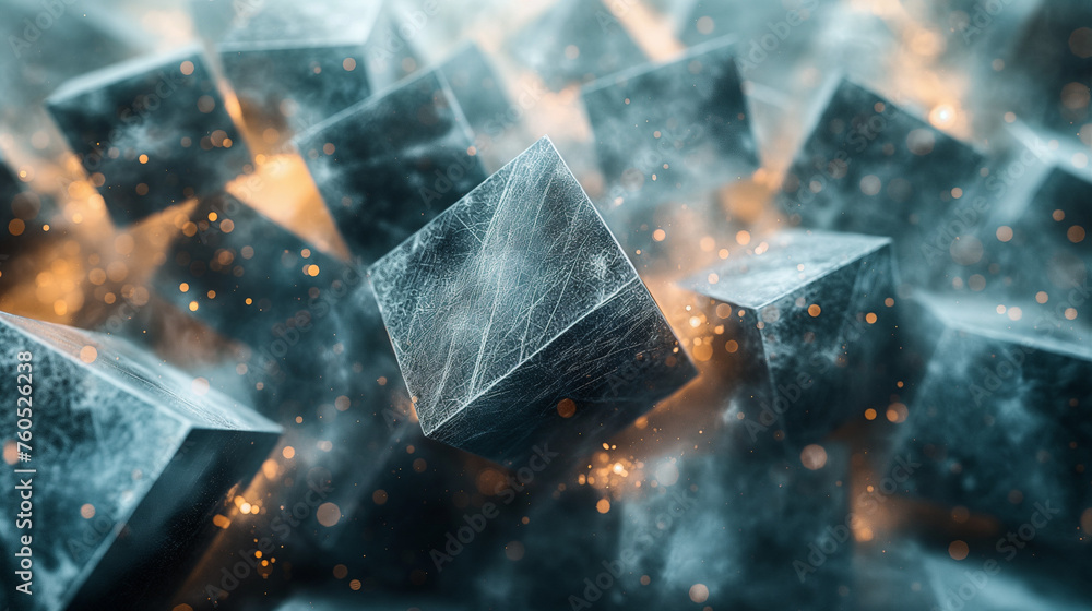 Aufkleber 3d rendering of chaotic, cube-shaped animation template format disordered scattering simulation. cub
