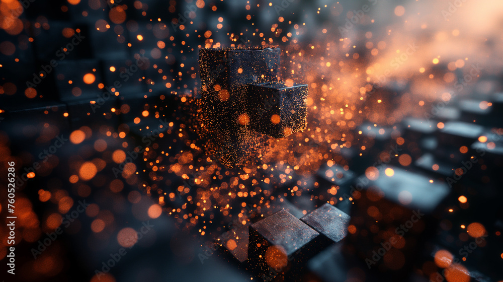 Aufkleber 3d rendering of chaotic, cube-shaped animation template format disordered scattering simulation. cub