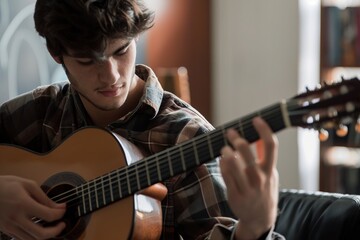 Obraz premium Young Hispanic Musician Playing Classical Guitar in Studio