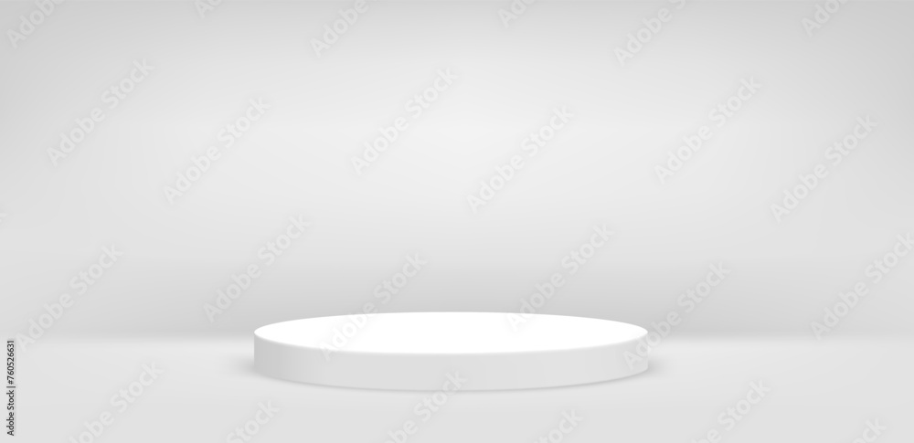 Poster empty white room with circle podium. 3d vector product mockup