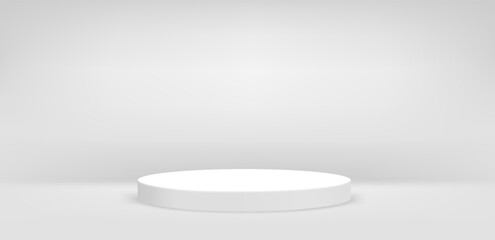 Empty white room with circle podium. 3d vector product mockup