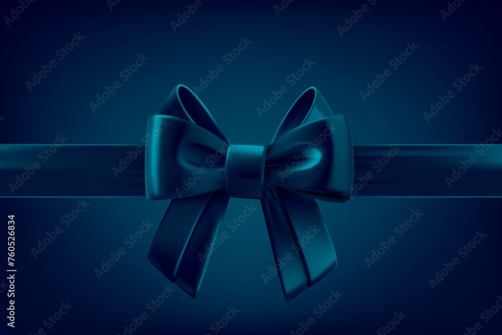 Poster blue satin ribbon with bow on dark background. 3d vector design template