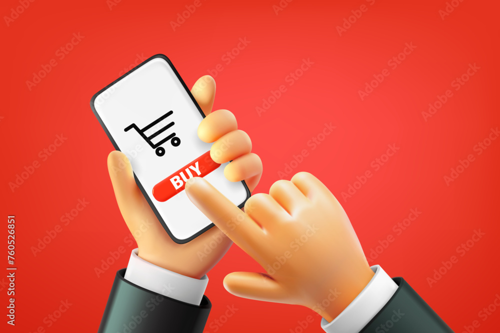 Poster man do shopping via smartphone. 3d vector illustration