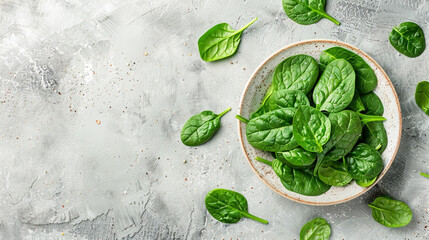 Fresh spinach leaves on white plate. Healthy vegan food, Top view сreated with Generative Ai - obrazy, fototapety, plakaty