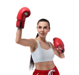 Beautiful woman in boxing gloves training on white background