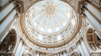 Fototapeta na wymiar a white domed ceiling with blue accents, surrounded by columns. The ceiling is ornately decorated with gold trim and a clock in the center.