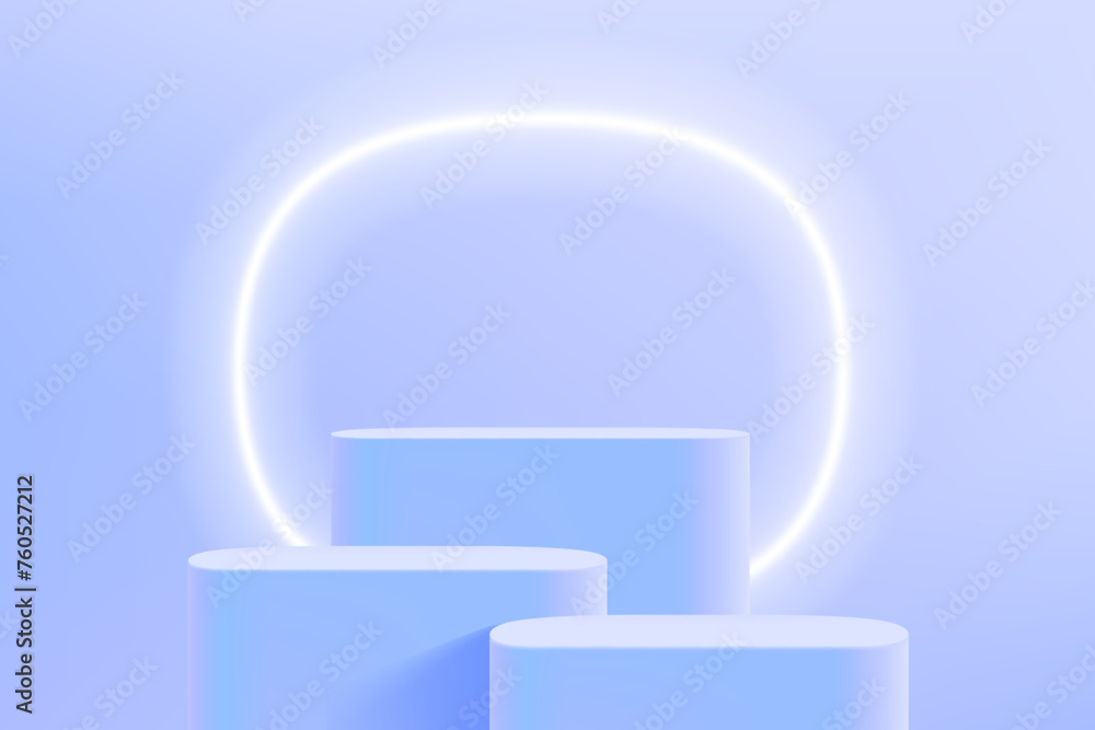 Poster blue studio with podium and neon light. 3d vector illustration with copy space