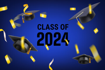 Class of 2024. Flying confetti and graduation caps. 3d style banner