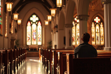 Back view of a man sits alone on a chair in a church