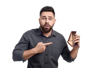 Confused man pointing at empty wallet on white background