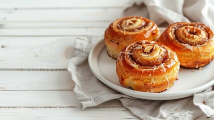 homemade cinnamon rolls on plate on empty white wooden table
