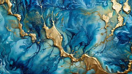 Fototapeta premium Ink Abstract: Blue Colored Paint with Watercolor Stone and Liquid Marble Texture, Modern Gold Glitter Blue Design Splash - Design Template, Wallpaper, Background - Artistic Luxury for Creative Project
