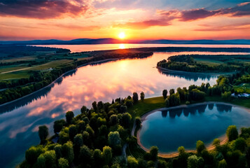 View from flying drone of amazing evening sunset scenery, skyline nature background. Unbelievable summer sunrise, top view. Landscapes rivers concept. Copy ad text space. Generative Ai illustration