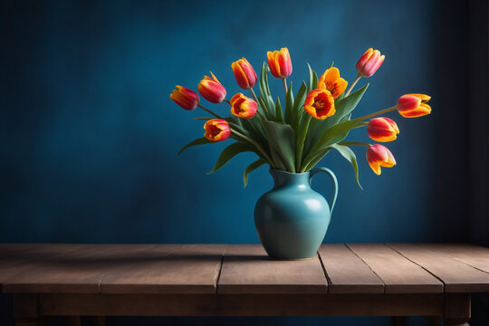 Wooden table with vase with bouquet of tulip flowers near empty, blank blue wall