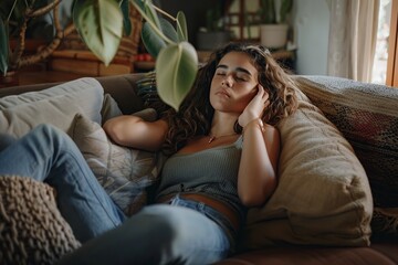 Obraz premium Woman Talking on Cell Phone While Laying on Couch