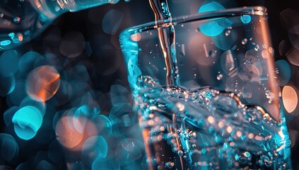  Close up of a glass filled with water, blue and orange lighting, bokeh effect