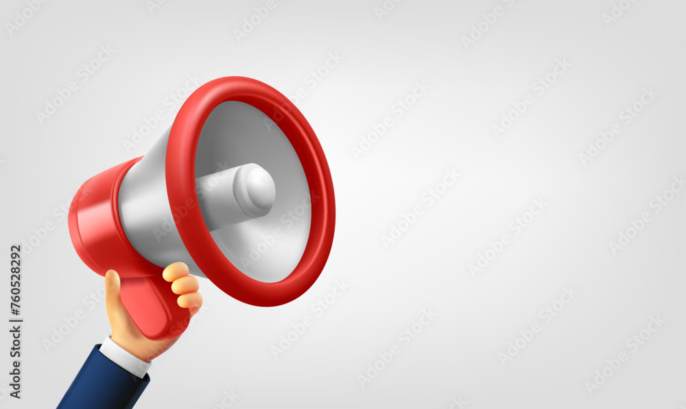 Aufkleber bullhorn in a hand. promotion concept. 3d vector illustration with copy space