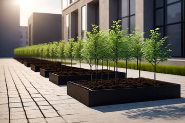 Planted young sapling of trees in an urban environment on territory of house. Background for gentrification of city. Concept of landscaping, nature, environment and ecology. Copy space