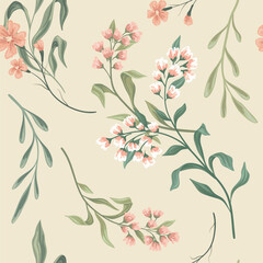 Obraz premium Seamless floral pattern, vintage botanical wallpaper decor in a romantic motif. Elegant flower print, nature design: hand drawn wild flowers, branches, leaves abstract on pink. Vector illustration.