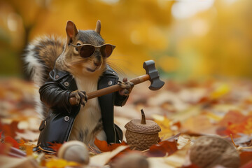 Funny Squirrel: Glasses, Hammer and Nut - obrazy, fototapety, plakaty
