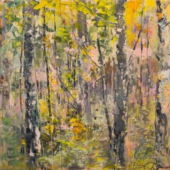 A detailed painting showcasing a dense forest filled with numerous tall trees under a clear sky