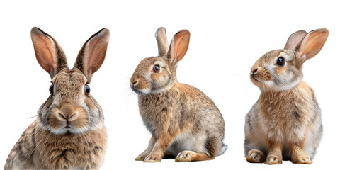 Fototapeta premium Collection of rabbits (portrait, sitting, side view), animal bundle Isolated on Transparent Background, cut out. PNG
