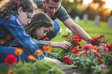 Family honors veterans by planting flowers at a cemetery on a sunny day. Memorial day. - obrazy, fototapety, plakaty