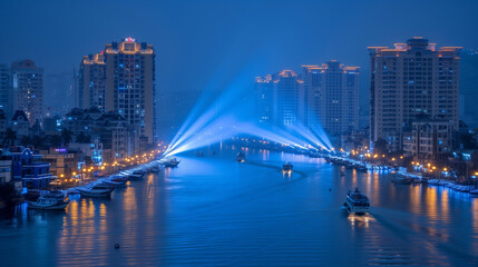 Illuminated Cityscape with Spotlight Beams over River