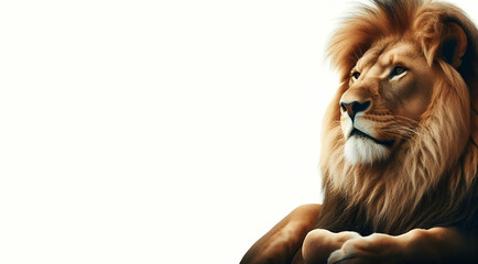 Portrait of a big male lion on a gray background copy space, generative ai