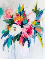 A painting featuring vibrant flowers arranged in a vase against a clean white background