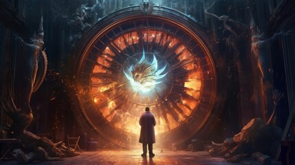 Time travel experiment in a sci-fi lab, accidentally opening a portal to a fantasy realm of magic and dragons