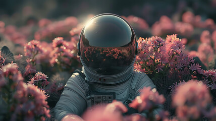 Abandoned astronaut suit in a blooming alien forest, soft focus, illustration style - obrazy, fototapety, plakaty