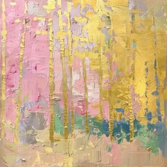A painting featuring vibrant yellow and pink trees in a lively forest setting
