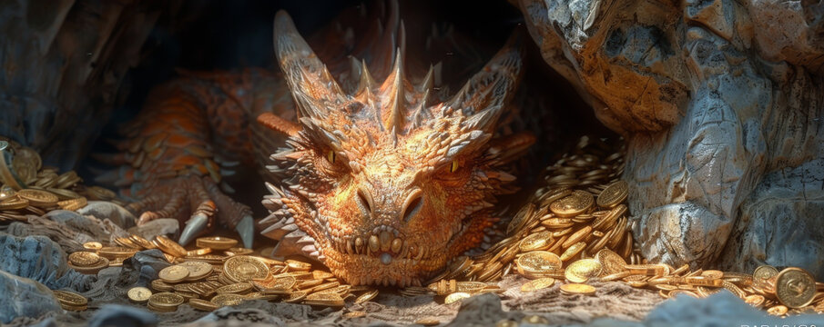 Dragon's lair, treasure hoard, mythical guardian, fantasy adventure