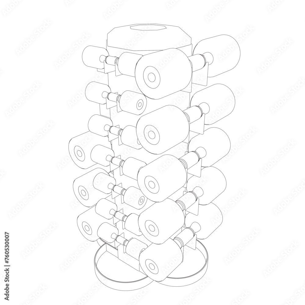 Poster outline of a set of dumbbells of different sizes placed on a rack. set of dumbbells isolated on whit