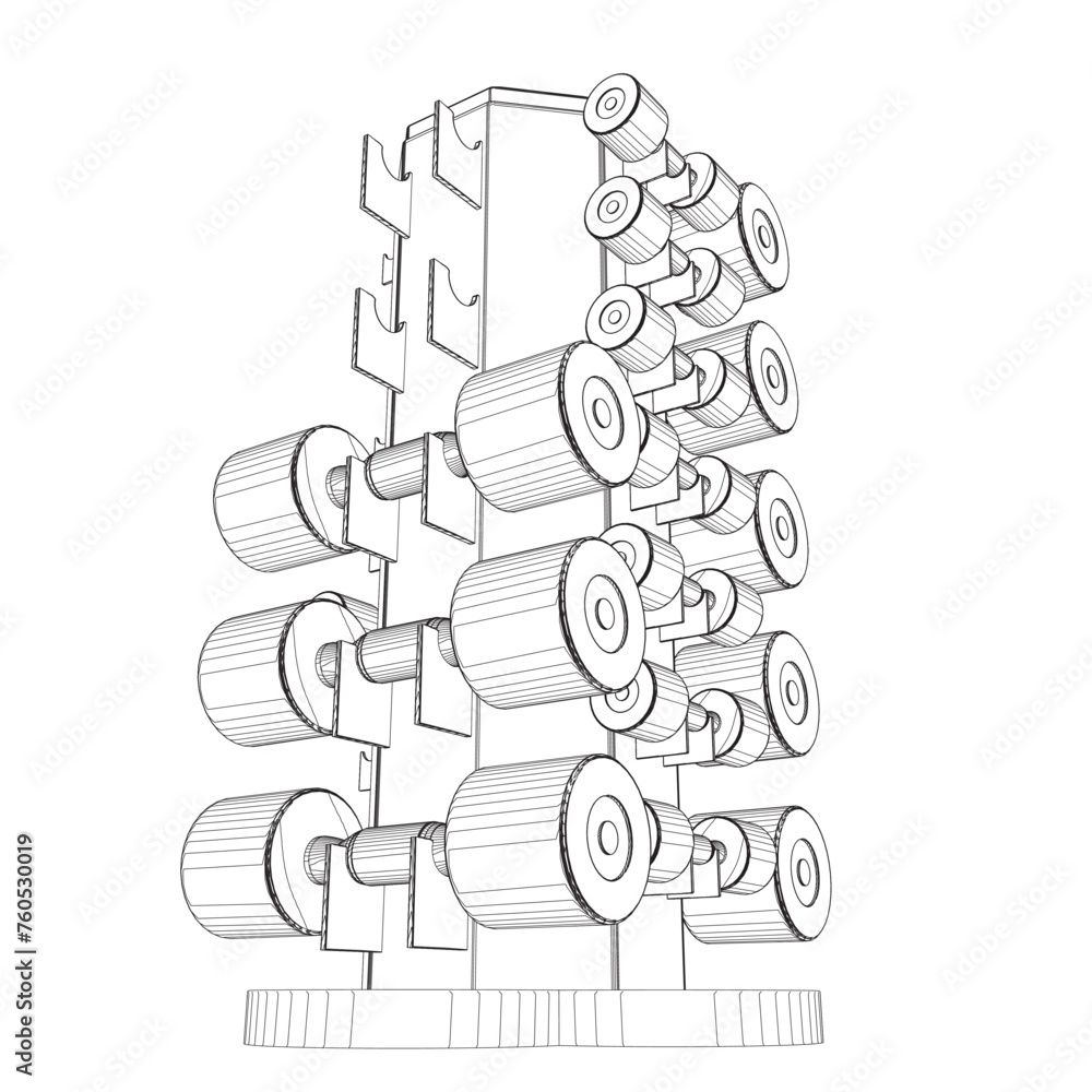 Poster outline of a set of dumbbells of different sizes placed on a rack. set of dumbbells isolated on whit