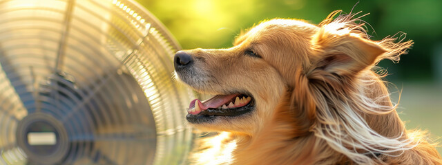 Pure joy and delight of a dog with flying ears basking in the refreshing breeze from a fan, its fur ruffling