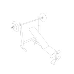 Outline of Gym bench and barbell on white stand isolated on white background. Vector illustration. Line art vector of Barbell Bench Press. Isometric view. 3D.