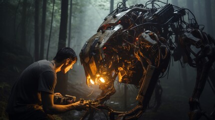 Robotics competitions held in dark forests, where machines are pitted against dragons in challenges of strength and cunning - obrazy, fototapety, plakaty