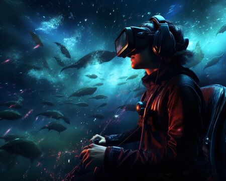 Scuba diving into the heart of a nebula, simulated in virtual reality for whale watching