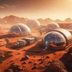 Fototapeta na wymiar Smart cities on Mars powered by renewable energy, where humans and extraterrestrial life coexist in harmony