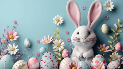 Naklejka na ściany i meble Cute Easter bunny and colored easter eggs isolated on blue background. Floral elements. Happy Easter. Celebration. Room for copy space.