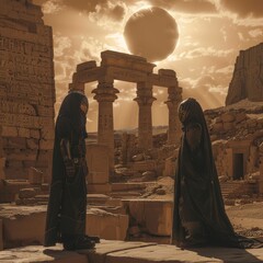 Solar eclipse rituals performed by android shamans in ancient ruins - obrazy, fototapety, plakaty