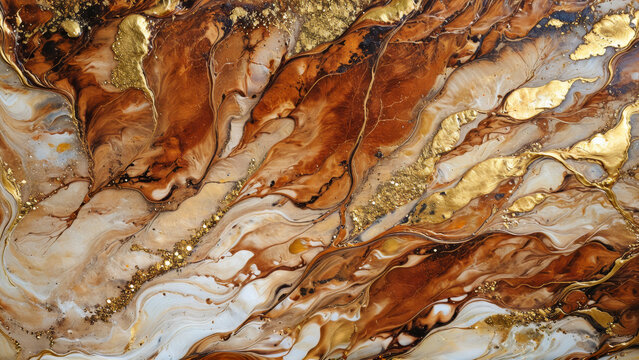 Ink Abstract: Brown Colored Paint with Watercolor Stone and Liquid Marble Texture, Modern Gold Glitter Brown Design Splash - Design Template, Wallpaper, Background - Artistic Luxury Creative Project